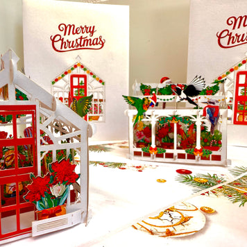 Merry Christmas Australian Native Flower Greenhouse & Birds Origami Pop Cards 3D Pop Up Greeting Card Merry Christmas Thank You Handmade Best Wishes Blank Card Gift Happy Holidays Celebrate the Special Day