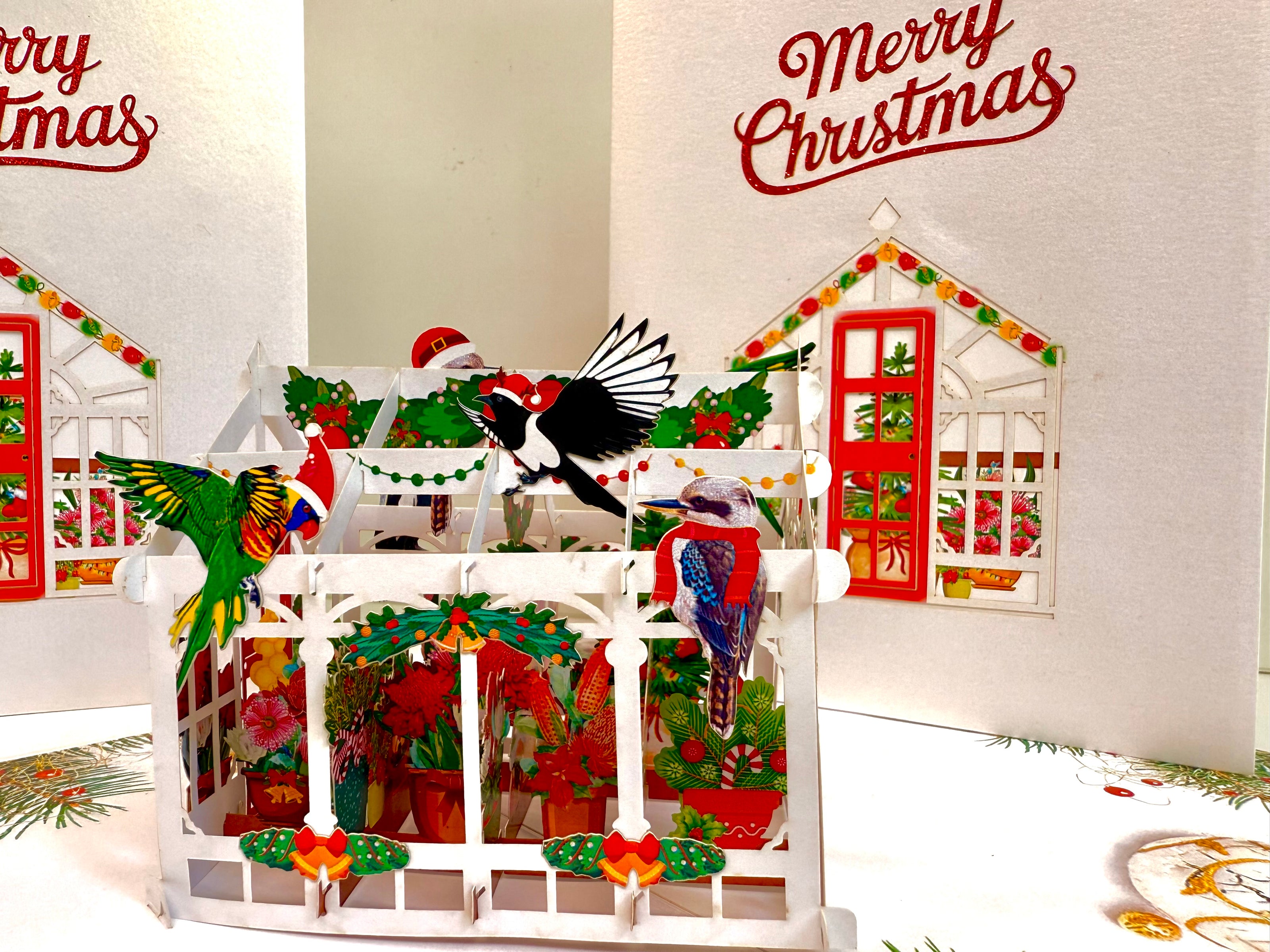 Merry Christmas Australian Native Flower Greenhouse & Birds Origami Pop Cards 3D Pop Up Greeting Card Merry Christmas Thank You Handmade Best Wishes Blank Card Gift Happy Holidays Celebrate the Special Day