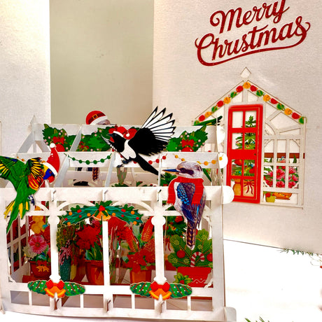 Merry Christmas Australian Native Flower Greenhouse & Birds Origami Pop Cards 3D Pop Up Greeting Card Merry Christmas Thank You Handmade Best Wishes Blank Card Gift Happy Holidays Celebrate the Special Day