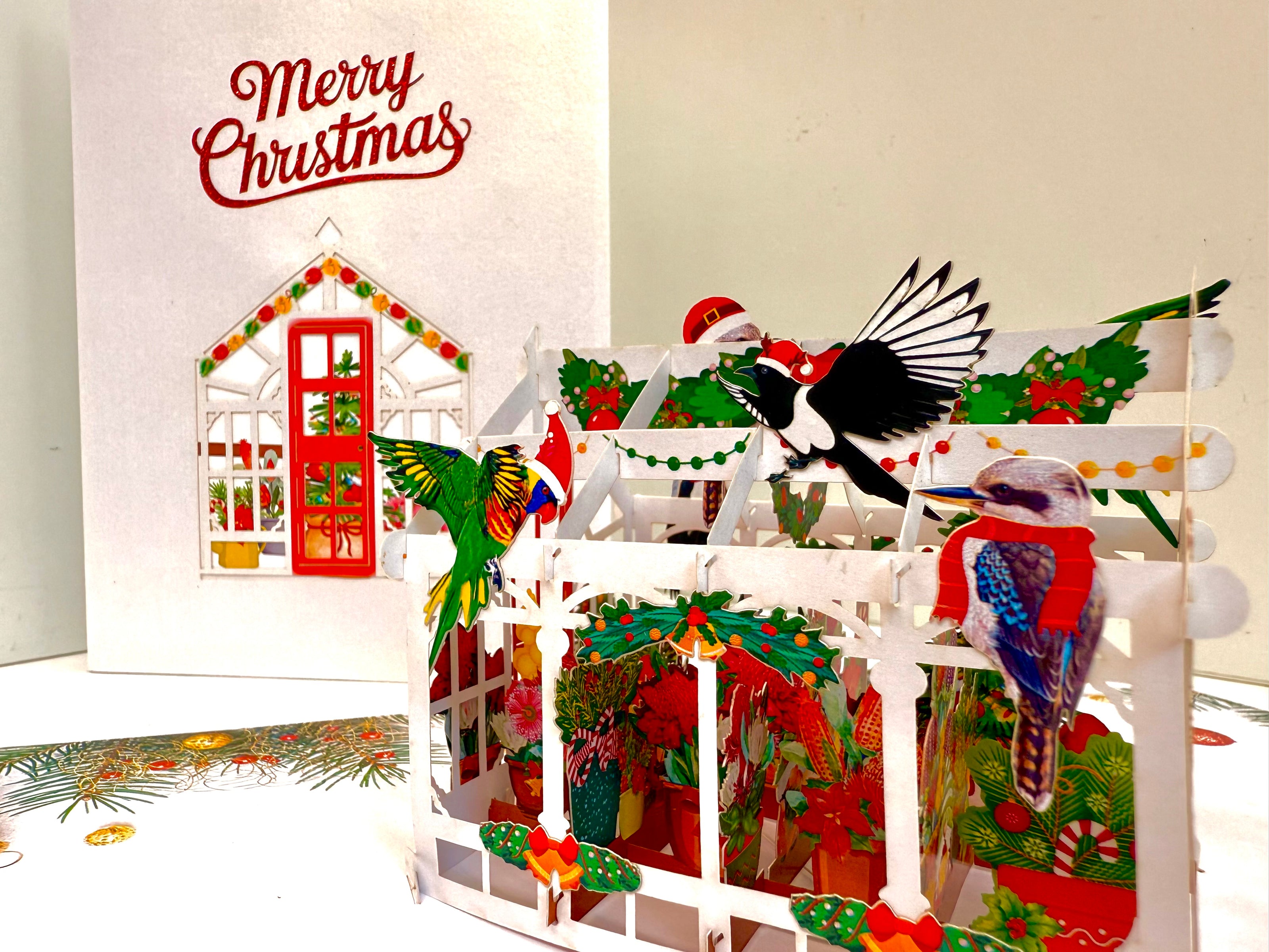 Merry Christmas Australian Native Flower Greenhouse & Birds Origami Pop Cards 3D Pop Up Greeting Card Merry Christmas Thank You Handmade Best Wishes Blank Card Gift Happy Holidays Celebrate the Special Day