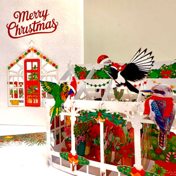Merry Christmas Australian Native Flower Greenhouse & Birds Origami Pop Cards 3D Pop Up Greeting Card Merry Christmas Thank You Handmade Best Wishes Blank Card Gift Happy Holidays Celebrate the Special Day