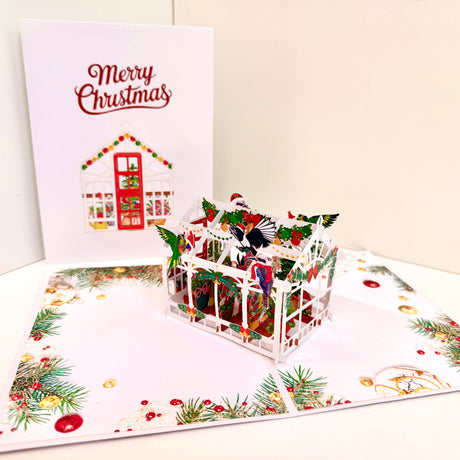 Merry Christmas Australian Native Flower Greenhouse & Birds Origami Pop Cards 3D Pop Up Greeting Card Merry Christmas Thank You Handmade Best Wishes Blank Card Gift Happy Holidays Celebrate the Special Day