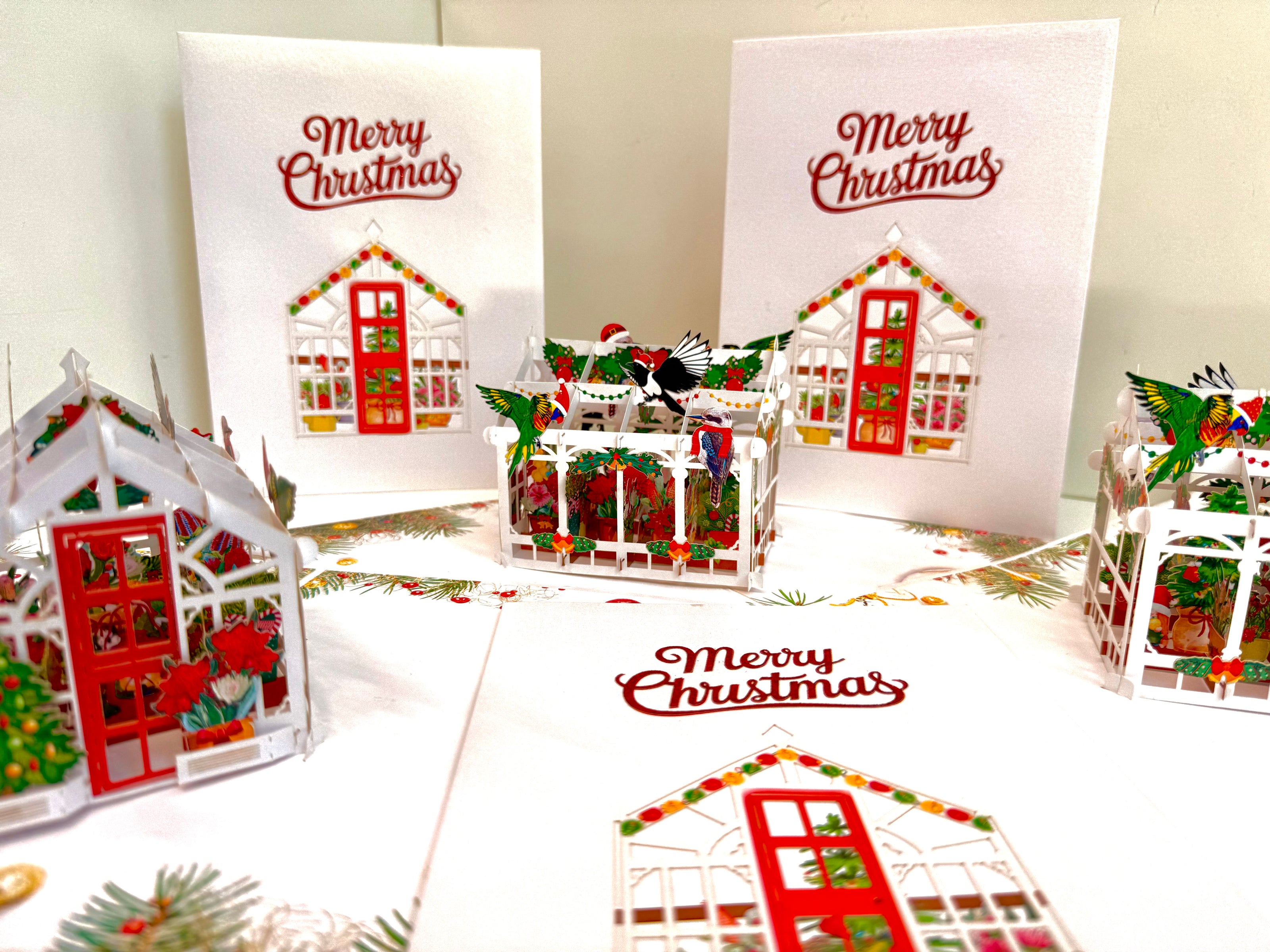 Merry Christmas Australian Native Flower Greenhouse & Birds Origami Pop Cards 3D Pop Up Greeting Card Merry Christmas Thank You Handmade Best Wishes Blank Card Gift Happy Holidays Celebrate the Special Day
