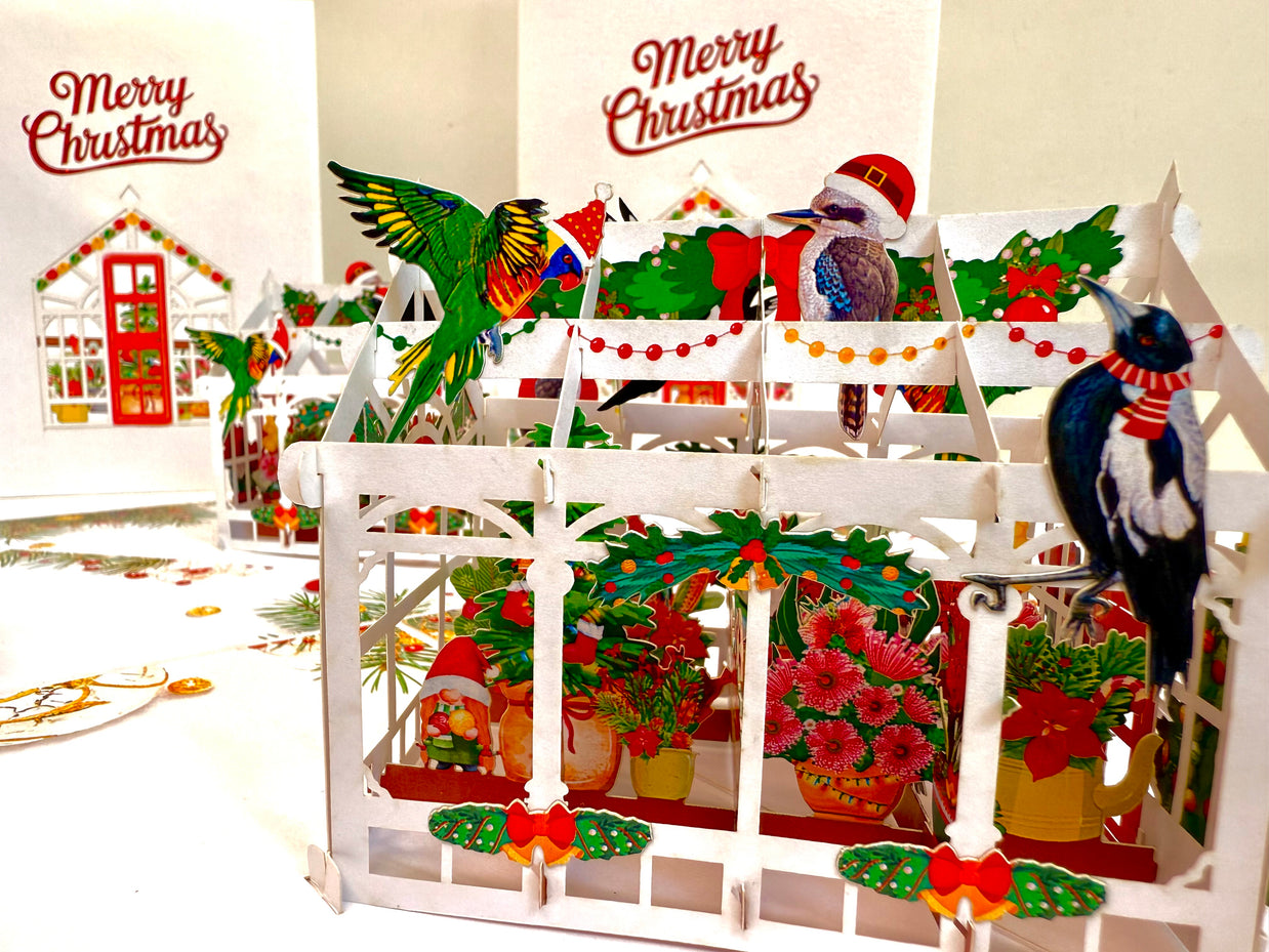Merry Christmas Australian Native Flower Greenhouse & Birds Origami Pop Cards 3D Pop Up Greeting Card Merry Christmas Thank You Handmade Best Wishes Blank Card Gift Happy Holidays Celebrate the Special Day