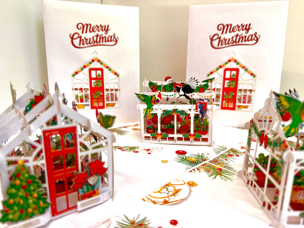 Merry Christmas Australian Native Flower Greenhouse & Birds Origami Pop Cards 3D Pop Up Greeting Card Merry Christmas Thank You Handmade Best Wishes Blank Card Gift Happy Holidays Celebrate the Special Day