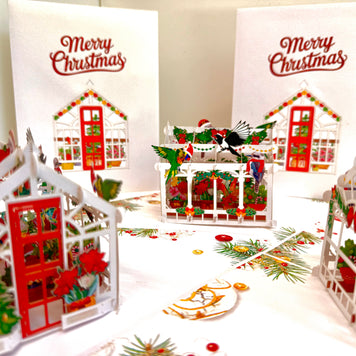 Merry Christmas Australian Native Flower Greenhouse & Birds Origami Pop Cards 3D Pop Up Greeting Card Merry Christmas Thank You Handmade Best Wishes Blank Card Gift Happy Holidays Celebrate the Special Day