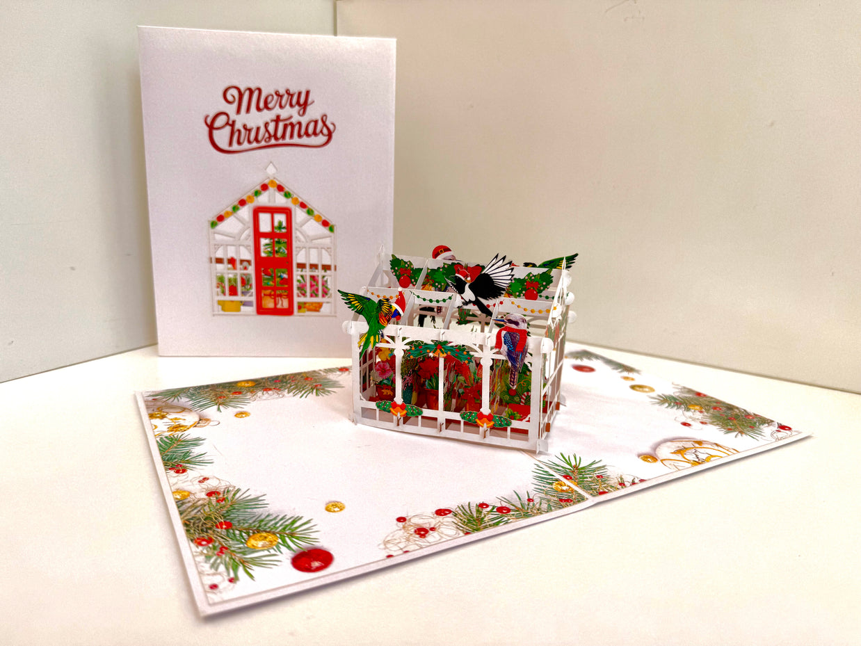 Merry Christmas Australian Native Flower Greenhouse & Birds Origami Pop Cards 3D Pop Up Greeting Card Merry Christmas Thank You Handmade Best Wishes Blank Card Gift Happy Holidays Celebrate the Special Day