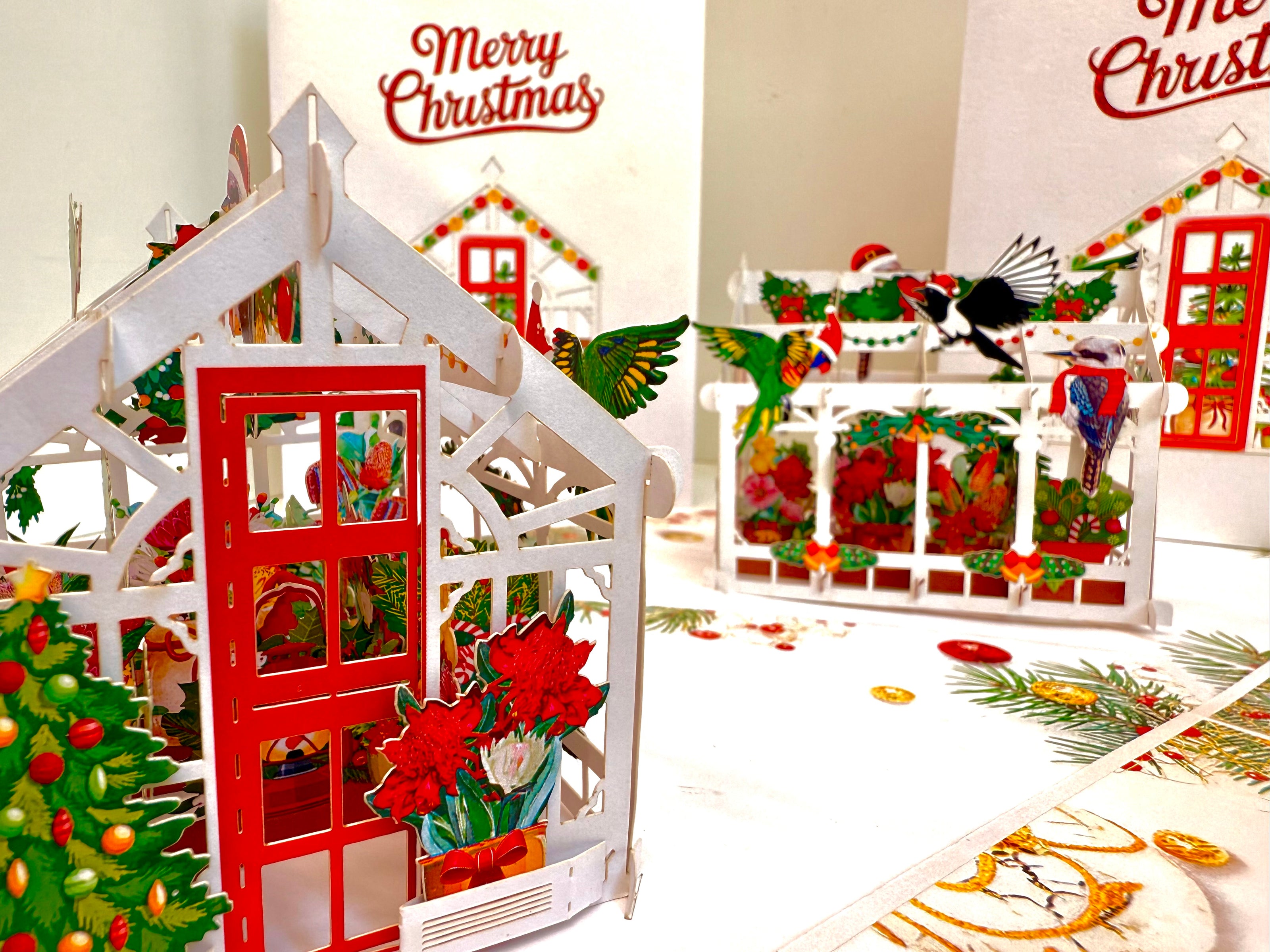 Merry Christmas Australian Native Flower Greenhouse & Birds Origami Pop Cards 3D Pop Up Greeting Card Merry Christmas Thank You Handmade Best Wishes Blank Card Gift Happy Holidays Celebrate the Special Day