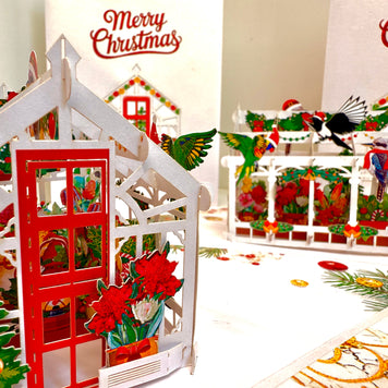 Merry Christmas Australian Native Flower Greenhouse & Birds Origami Pop Cards 3D Pop Up Greeting Card Merry Christmas Thank You Handmade Best Wishes Blank Card Gift Happy Holidays Celebrate the Special Day