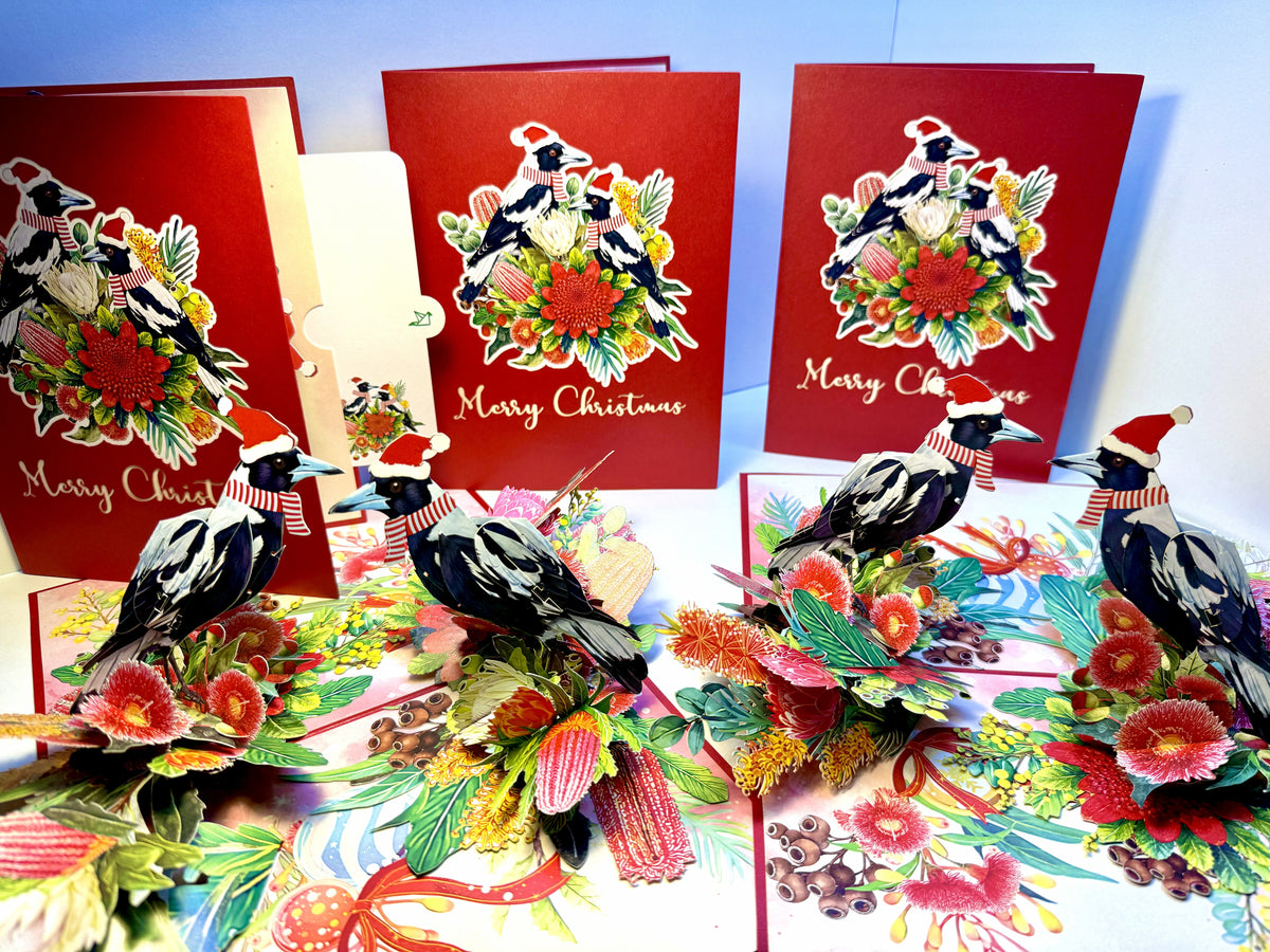 Merry Christmas Pair of Australian Magpies – Perfect Gift for Aussie Bird Lovers Origami Pop Cards 3D Pop Up Greeting Card Merry Christmas Thank You Handmade Best Wishes Gift Happy Holidays Celebrate the Special Day Moment with Family and Friends