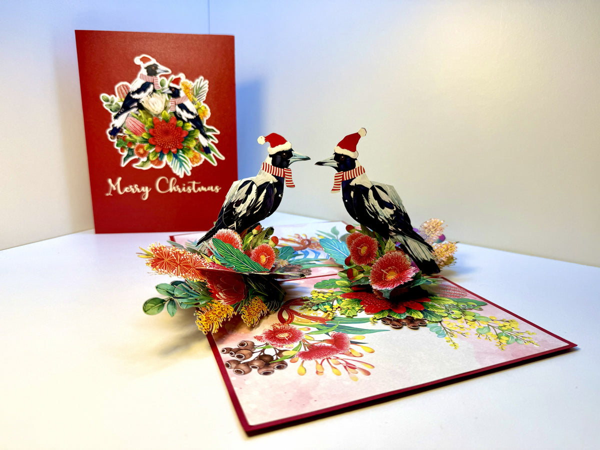 Merry Christmas Pair of Australian Magpies – Perfect Gift for Aussie Bird Lovers Origami Pop Cards 3D Pop Up Greeting Card Merry Christmas Thank You Handmade Best Wishes Gift Happy Holidays Celebrate the Special Day Moment with Family and Friends