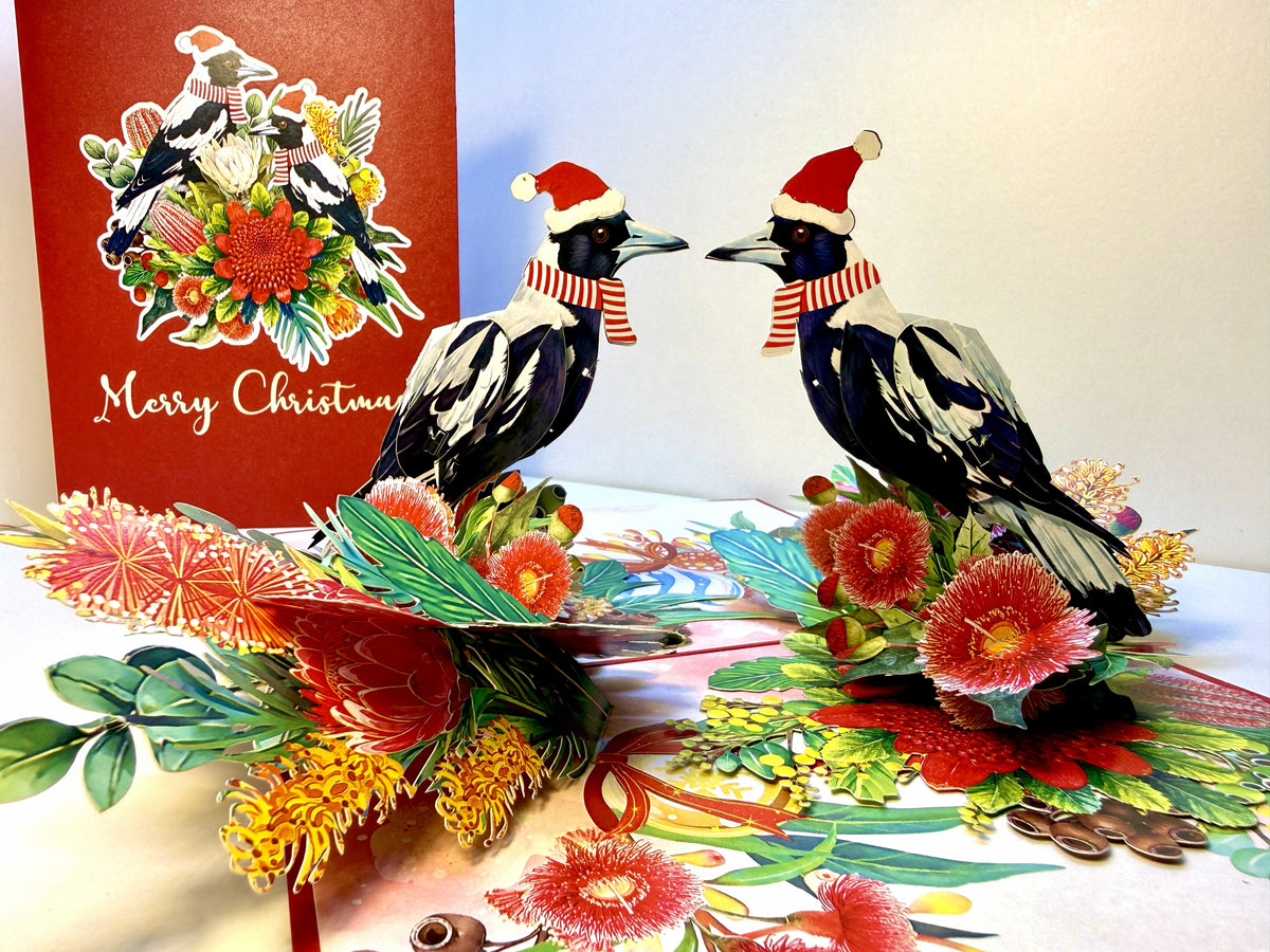 Merry Christmas Pair of Australian Magpies – Perfect Gift for Aussie Bird Lovers Origami Pop Cards 3D Pop Up Greeting Card Merry Christmas Thank You Handmade Best Wishes Gift Happy Holidays Celebrate the Special Day Moment with Family and Friends