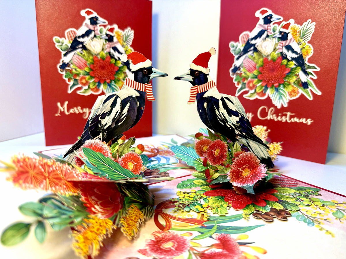 Merry Christmas Pair of Australian Magpies – Perfect Gift for Aussie Bird Lovers Origami Pop Cards 3D Pop Up Greeting Card Merry Christmas Thank You Handmade Best Wishes Gift Happy Holidays Celebrate the Special Day Moment with Family and Friends