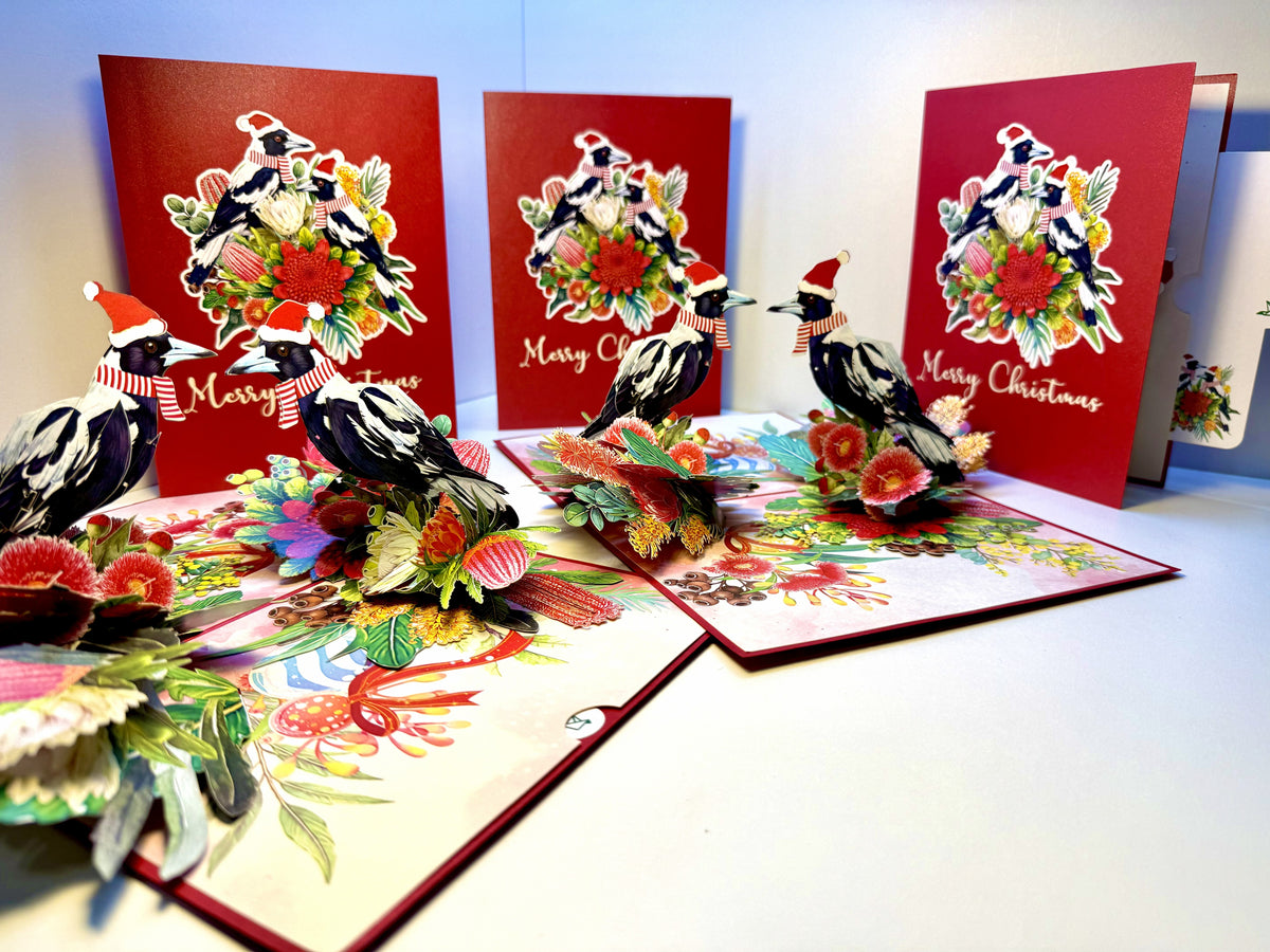 Merry Christmas Pair of Australian Magpies – Perfect Gift for Aussie Bird Lovers Origami Pop Cards 3D Pop Up Greeting Card Merry Christmas Thank You Handmade Best Wishes Gift Happy Holidays Celebrate the Special Day Moment with Family and Friends