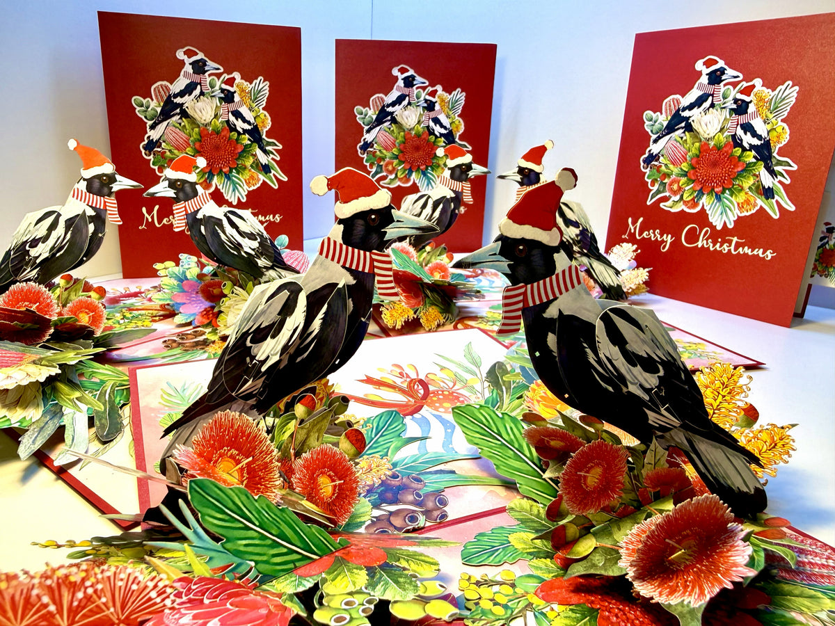 Merry Christmas Pair of Australian Magpies – Perfect Gift for Aussie Bird Lovers Origami Pop Cards 3D Pop Up Greeting Card Merry Christmas Thank You Handmade Best Wishes Gift Happy Holidays Celebrate the Special Day Moment with Family and Friends