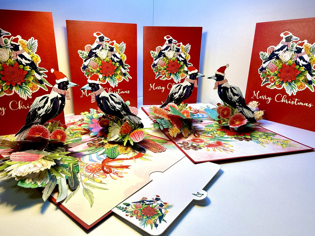 Merry Christmas Pair of Australian Magpies – Perfect Gift for Aussie Bird Lovers Origami Pop Cards 3D Pop Up Greeting Card Merry Christmas Thank You Handmade Best Wishes Gift Happy Holidays Celebrate the Special Day Moment with Family and Friends