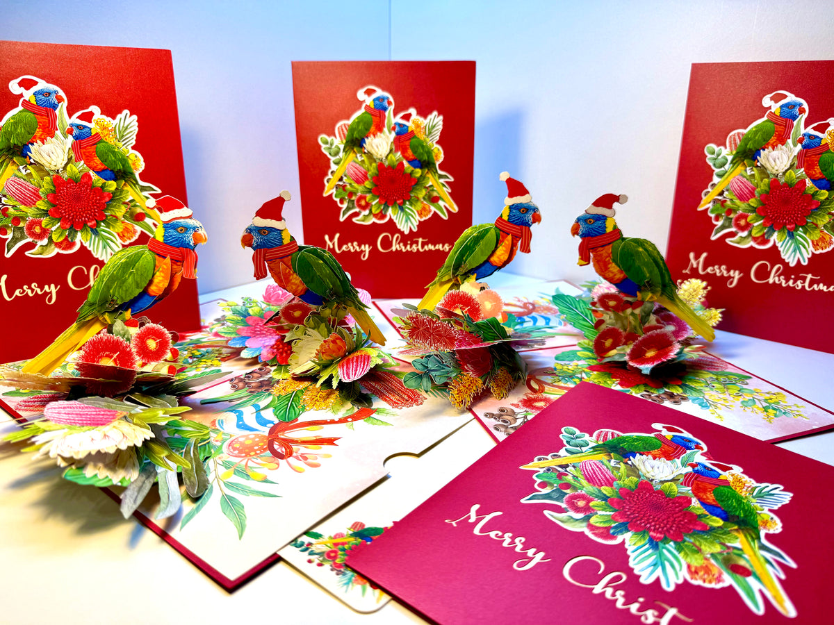 Merry Christmas Pair of Rainbow Lorikeets - Perfect Gift for Aussie Bird Lovers Origami Pop Cards 3D Pop Up Greeting Card Merry Christmas Thank You Handmade Best Wishes Happy Holidays Celebrate the Special Day Moment with Family and Friends