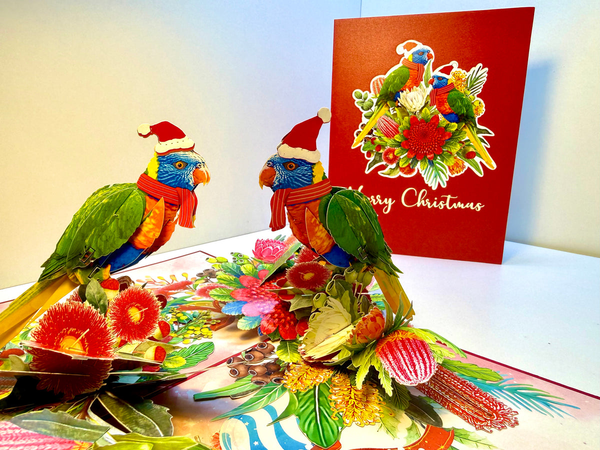 Merry Christmas Pair of Rainbow Lorikeets - Perfect Gift for Aussie Bird Lovers Origami Pop Cards 3D Pop Up Greeting Card Merry Christmas Thank You Handmade Best Wishes Happy Holidays Celebrate the Special Day Moment with Family and Friends