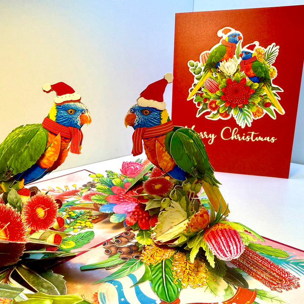 Merry Christmas Pair of Rainbow Lorikeets - Perfect Gift for Aussie Bird Lovers Origami Pop Cards 3D Pop Up Greeting Card Merry Christmas Thank You Handmade Best Wishes Happy Holidays Celebrate the Special Day Moment with Family and Friends