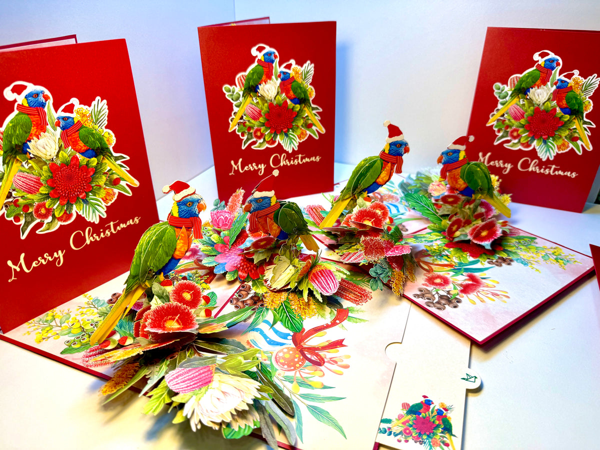 Merry Christmas Pair of Rainbow Lorikeets - Perfect Gift for Aussie Bird Lovers Origami Pop Cards 3D Pop Up Greeting Card Merry Christmas Thank You Handmade Best Wishes Happy Holidays Celebrate the Special Day Moment with Family and Friends