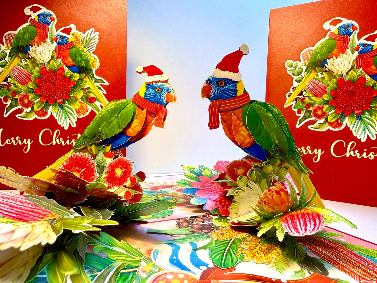 Merry Christmas Pair of Rainbow Lorikeets - Perfect Gift for Aussie Bird Lovers Origami Pop Cards 3D Pop Up Greeting Card Merry Christmas Thank You Handmade Best Wishes Happy Holidays Celebrate the Special Day Moment with Family and Friends