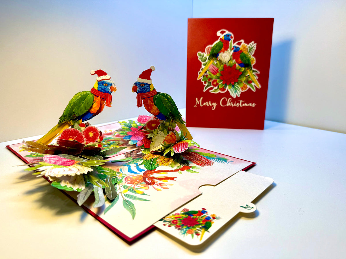 Merry Christmas Pair of Rainbow Lorikeets - Perfect Gift for Aussie Bird Lovers Origami Pop Cards 3D Pop Up Greeting Card Merry Christmas Thank You Handmade Best Wishes Happy Holidays Celebrate the Special Day Moment with Family and Friends