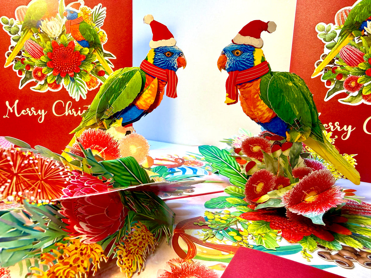 Merry Christmas Pair of Rainbow Lorikeets - Perfect Gift for Aussie Bird Lovers Origami Pop Cards 3D Pop Up Greeting Card Merry Christmas Thank You Handmade Best Wishes Happy Holidays Celebrate the Special Day Moment with Family and Friends