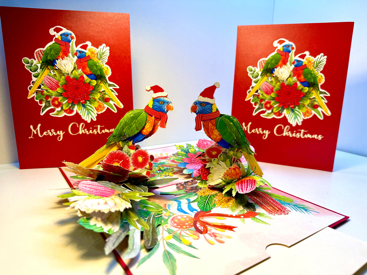 Merry Christmas Pair of Rainbow Lorikeets - Perfect Gift for Aussie Bird Lovers Origami Pop Cards 3D Pop Up Greeting Card Merry Christmas Thank You Handmade Best Wishes Happy Holidays Celebrate the Special Day Moment with Family and Friends