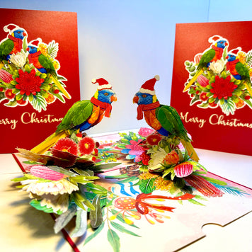Merry Christmas Pair of Rainbow Lorikeets - Perfect Gift for Aussie Bird Lovers Origami Pop Cards 3D Pop Up Greeting Card Merry Christmas Thank You Handmade Best Wishes Happy Holidays Celebrate the Special Day Moment with Family and Friends