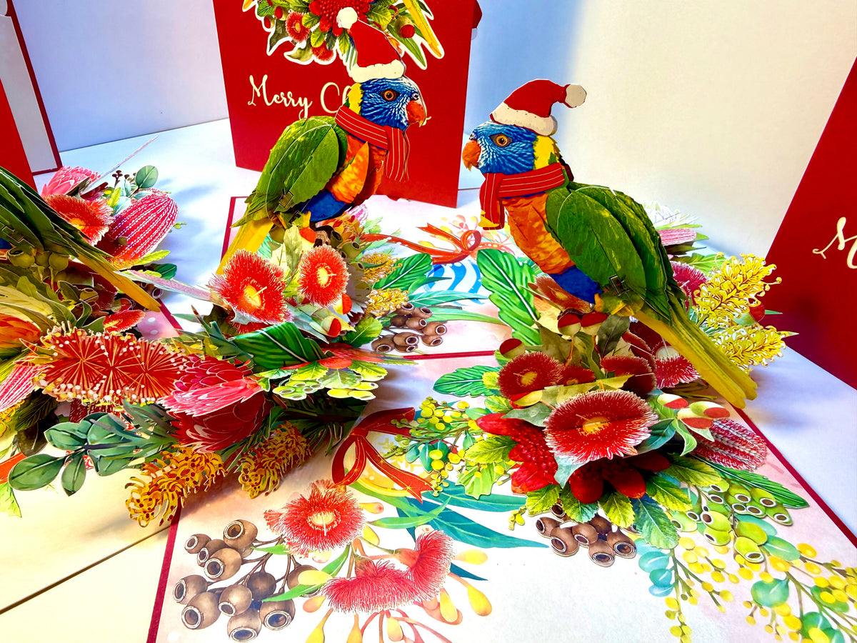 Merry Christmas Pair of Rainbow Lorikeets - Perfect Gift for Aussie Bird Lovers Origami Pop Cards 3D Pop Up Greeting Card Merry Christmas Thank You Handmade Best Wishes Happy Holidays Celebrate the Special Day Moment with Family and Friends