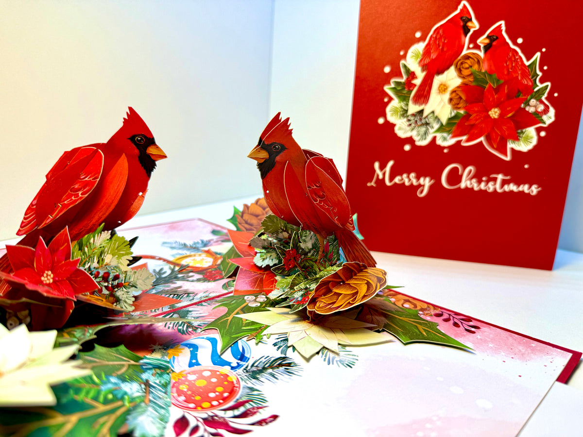 Merry Christmas Pair of Red Cardinals with Berries, Poinsettias & Pinecones – 3D Pop-Up Greeting Card – Perfect Gift for Bird Lovers