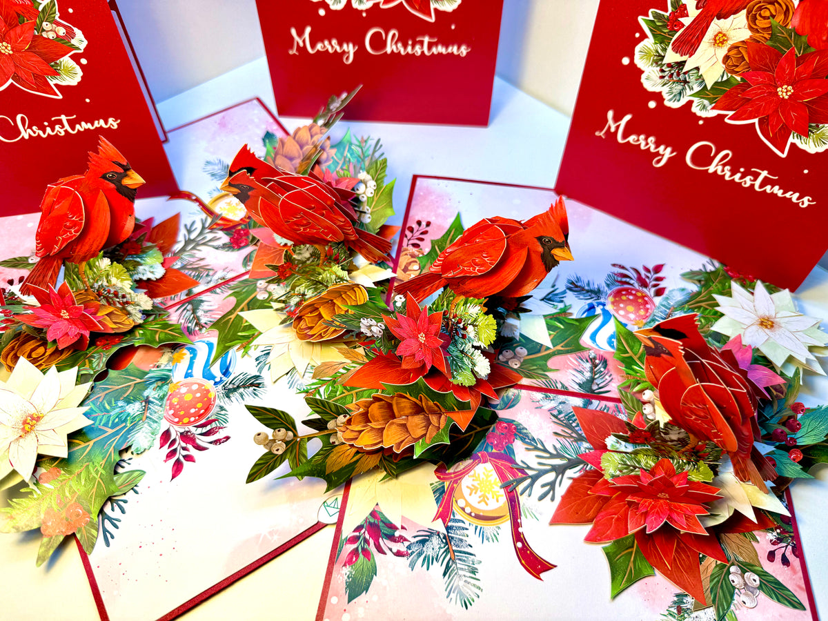 Merry Christmas Pair of Red Cardinals with Berries, Poinsettias & Pinecones – 3D Pop-Up Greeting Card – Perfect Gift for Bird Lovers