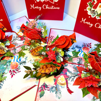 Merry Christmas Pair of Red Cardinals with Berries, Poinsettias & Pinecones – 3D Pop-Up Greeting Card – Perfect Gift for Bird Lovers