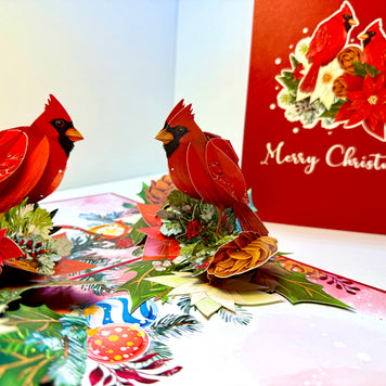 Merry Christmas Pair of Red Cardinals with Berries, Poinsettias & Pinecones – 3D Pop-Up Greeting Card – Perfect Gift for Bird Lovers