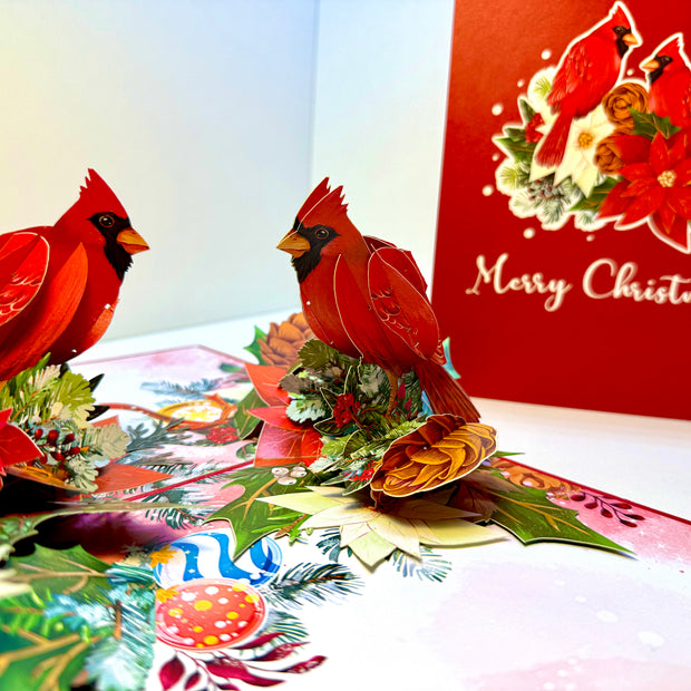 Merry Christmas Pair of Red Cardinals with Berries, Poinsettias & Pinecones – 3D Pop-Up Greeting Card – Perfect Gift for Bird Lovers