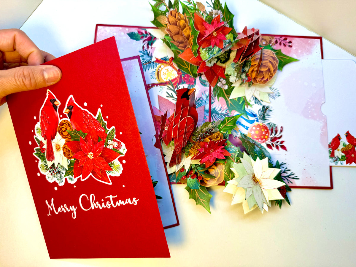 Merry Christmas Pair of Red Cardinals with Berries, Poinsettias & Pinecones – 3D Pop-Up Greeting Card – Perfect Gift for Bird Lovers