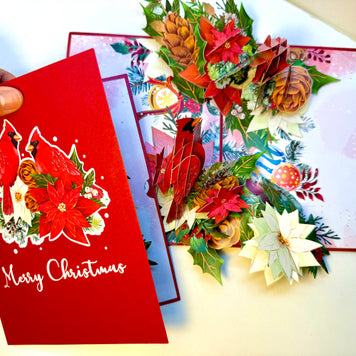 Merry Christmas Pair of Red Cardinals with Berries, Poinsettias & Pinecones – 3D Pop-Up Greeting Card – Perfect Gift for Bird Lovers