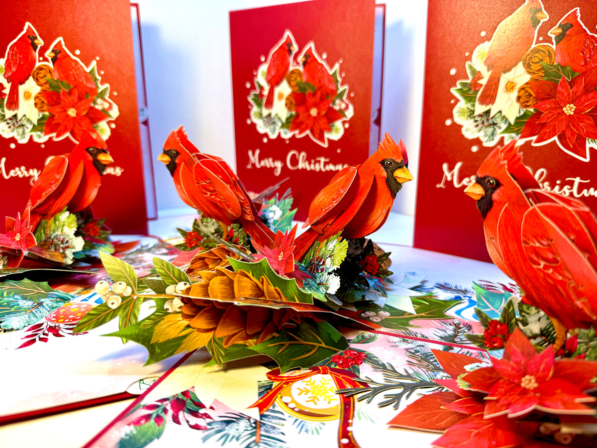 Merry Christmas Pair of Red Cardinals with Berries, Poinsettias & Pinecones – 3D Pop-Up Greeting Card – Perfect Gift for Bird Lovers