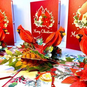 Merry Christmas Pair of Red Cardinals with Berries, Poinsettias & Pinecones – 3D Pop-Up Greeting Card – Perfect Gift for Bird Lovers