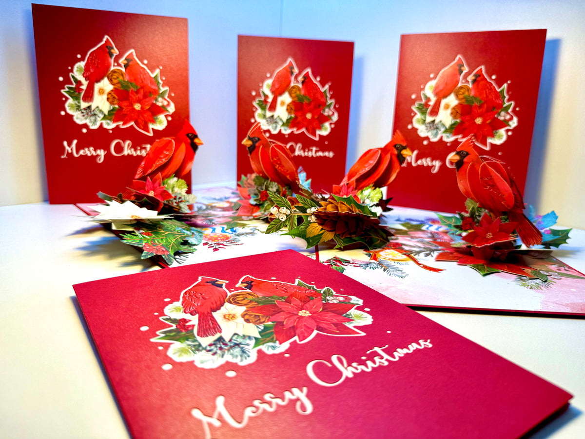 Merry Christmas Pair of Red Cardinals with Berries, Poinsettias & Pinecones – 3D Pop-Up Greeting Card – Perfect Gift for Bird Lovers