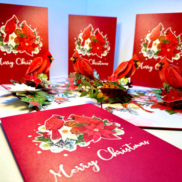 Merry Christmas Pair of Red Cardinals with Berries, Poinsettias & Pinecones – 3D Pop-Up Greeting Card – Perfect Gift for Bird Lovers