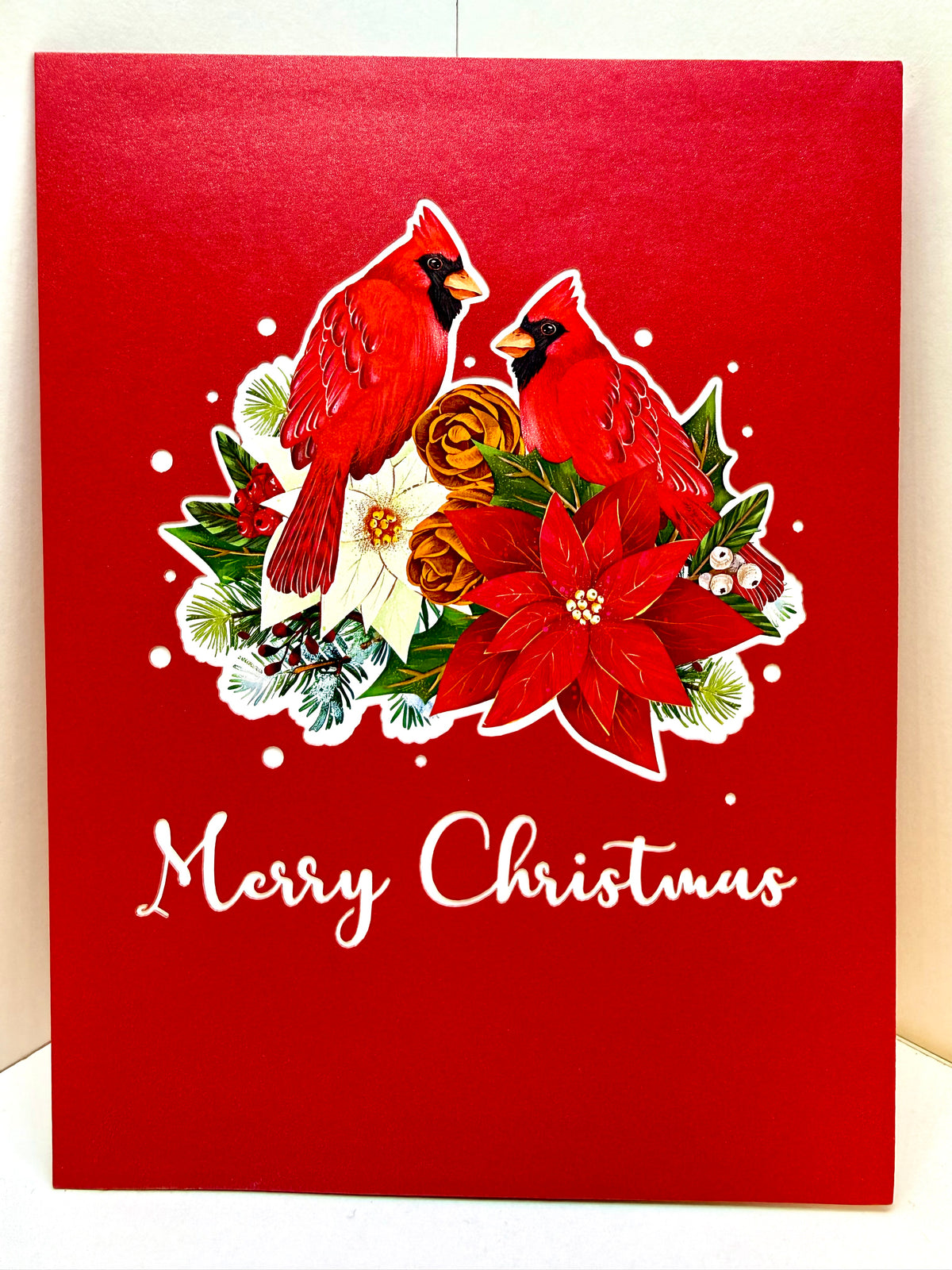 Merry Christmas Pair of Red Cardinals with Berries, Poinsettias & Pinecones – 3D Pop-Up Greeting Card – Perfect Gift for Bird Lovers