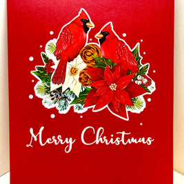Merry Christmas Pair of Red Cardinals with Berries, Poinsettias & Pinecones – 3D Pop-Up Greeting Card – Perfect Gift for Bird Lovers