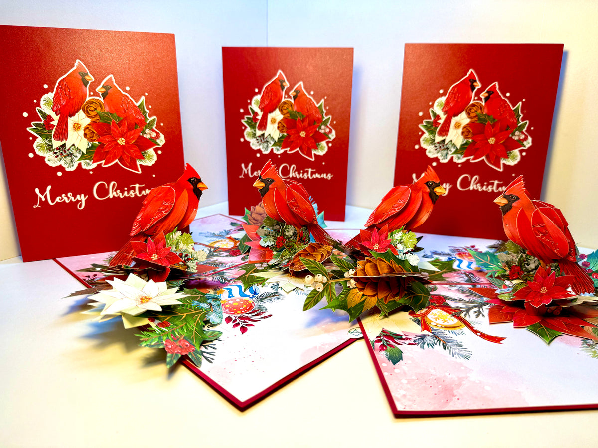 Merry Christmas Pair of Red Cardinals with Berries, Poinsettias & Pinecones – 3D Pop-Up Greeting Card – Perfect Gift for Bird Lovers