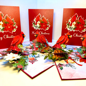 Merry Christmas Pair of Red Cardinals with Berries, Poinsettias & Pinecones – 3D Pop-Up Greeting Card – Perfect Gift for Bird Lovers