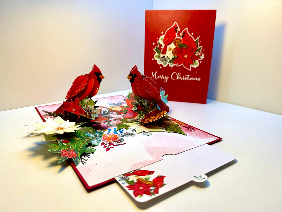 Merry Christmas Pair of Red Cardinals with Berries, Poinsettias & Pinecones – 3D Pop-Up Greeting Card – Perfect Gift for Bird Lovers