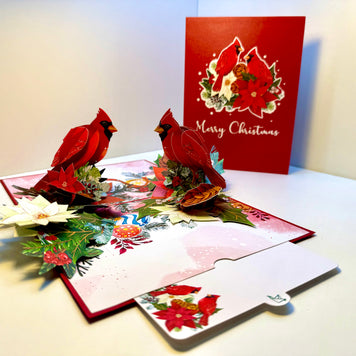 Merry Christmas Pair of Red Cardinals with Berries, Poinsettias & Pinecones – 3D Pop-Up Greeting Card – Perfect Gift for Bird Lovers