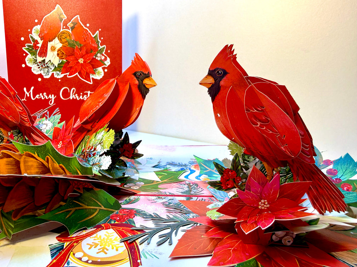 Merry Christmas Pair of Red Cardinals with Berries, Poinsettias & Pinecones – 3D Pop-Up Greeting Card – Perfect Gift for Bird Lovers