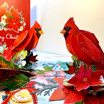 Merry Christmas Pair of Red Cardinals with Berries, Poinsettias & Pinecones – 3D Pop-Up Greeting Card – Perfect Gift for Bird Lovers