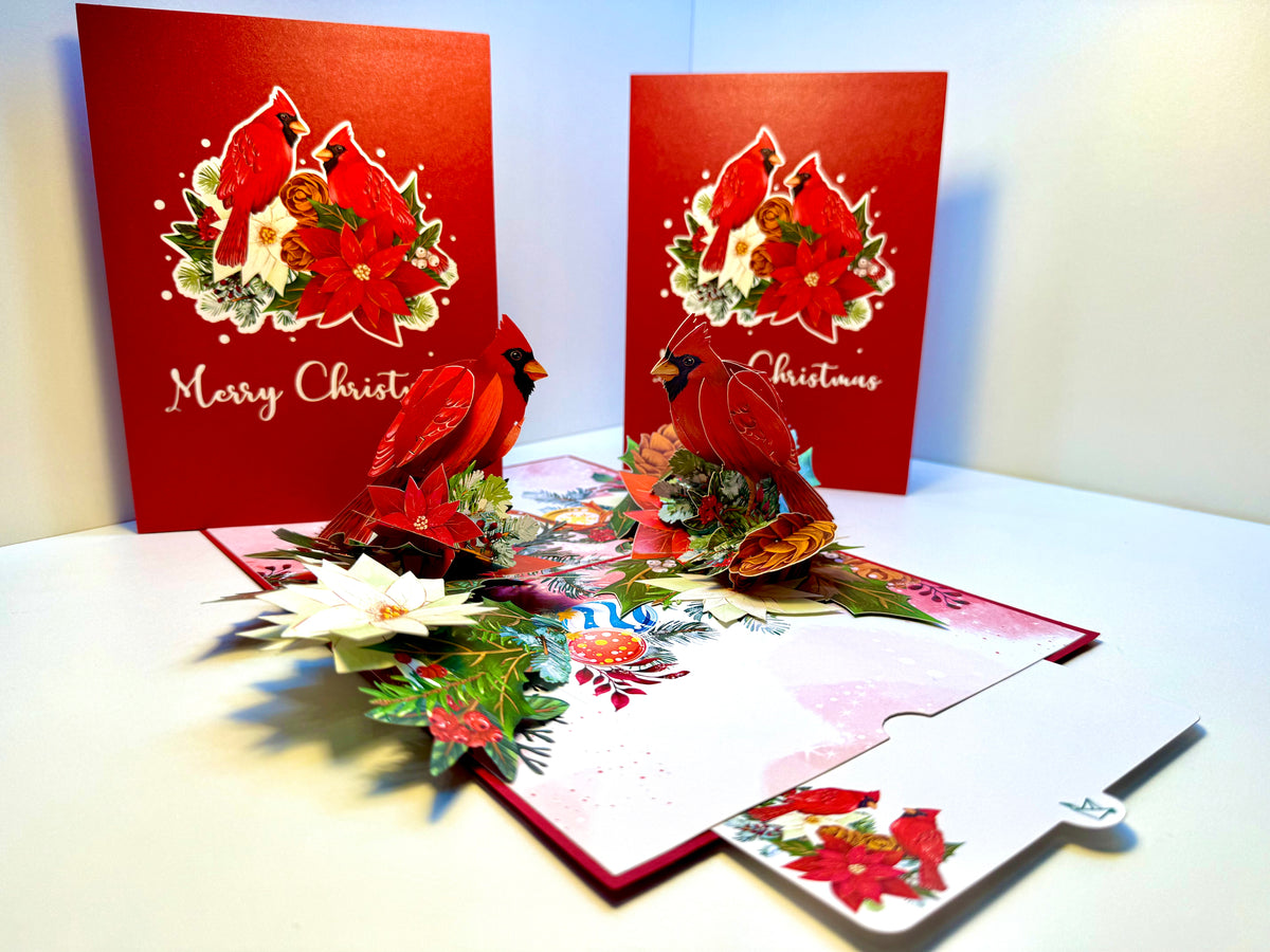 Merry Christmas Pair of Red Cardinals with Berries, Poinsettias & Pinecones – 3D Pop-Up Greeting Card – Perfect Gift for Bird Lovers